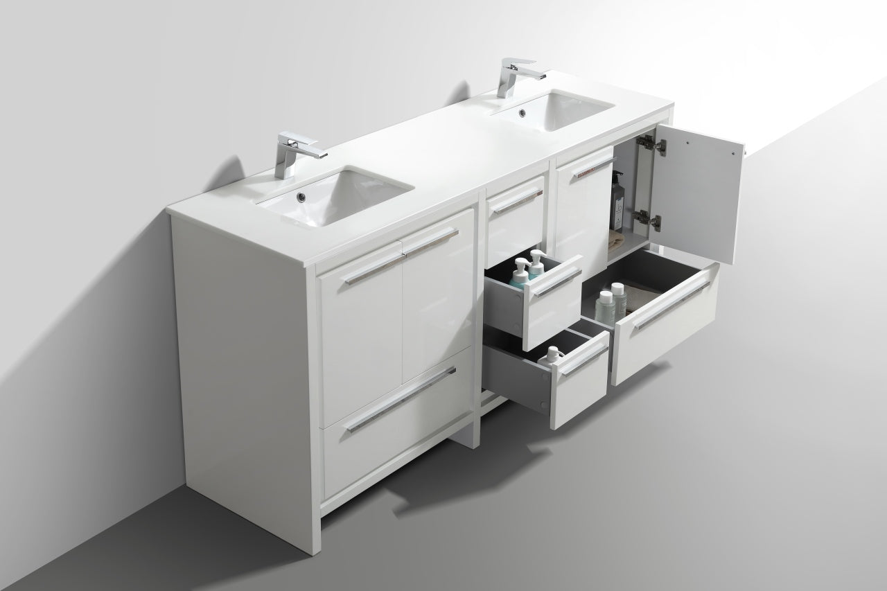 72'' KubeBath Dolce Double Sink Gloss White Modern Bathroom Vanity with White Quartz Counter-Top
