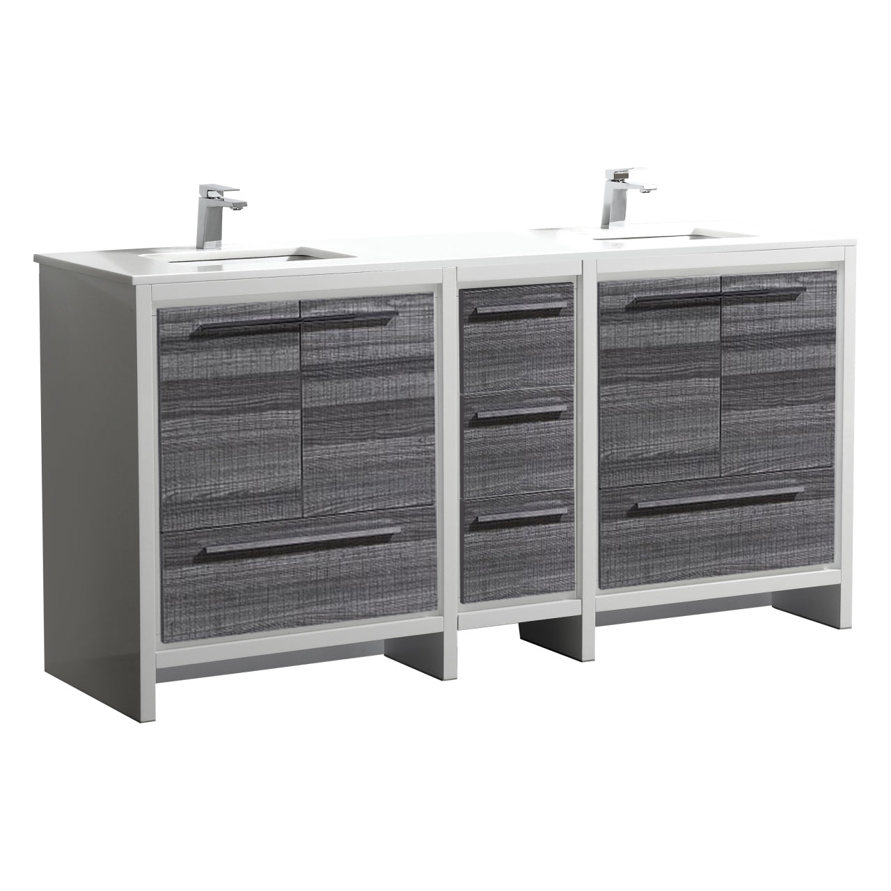 72'' KubeBath Dolce Double Sink Gloss Ash Grey Modern Bathroom Vanity with White Quartz Counter-Top
