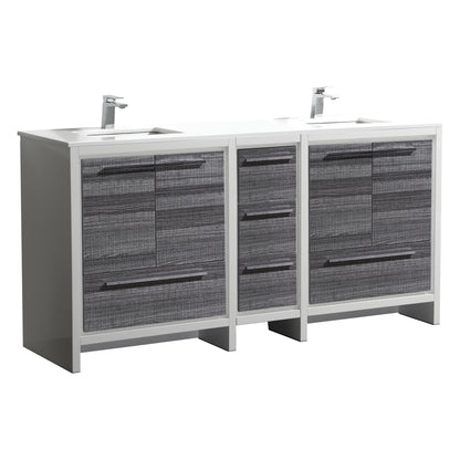 72'' KubeBath Dolce Double Sink Gloss Ash Grey Modern Bathroom Vanity with White Quartz Counter-Top