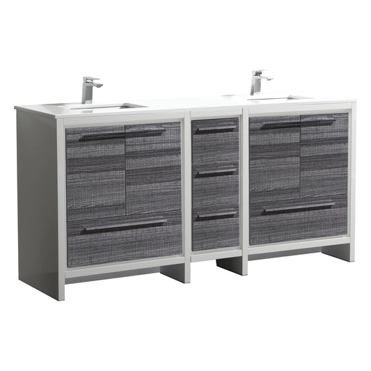 72'' KubeBath Dolce Double Sink Gloss Ash Grey Modern Bathroom Vanity with White Quartz Counter-Top