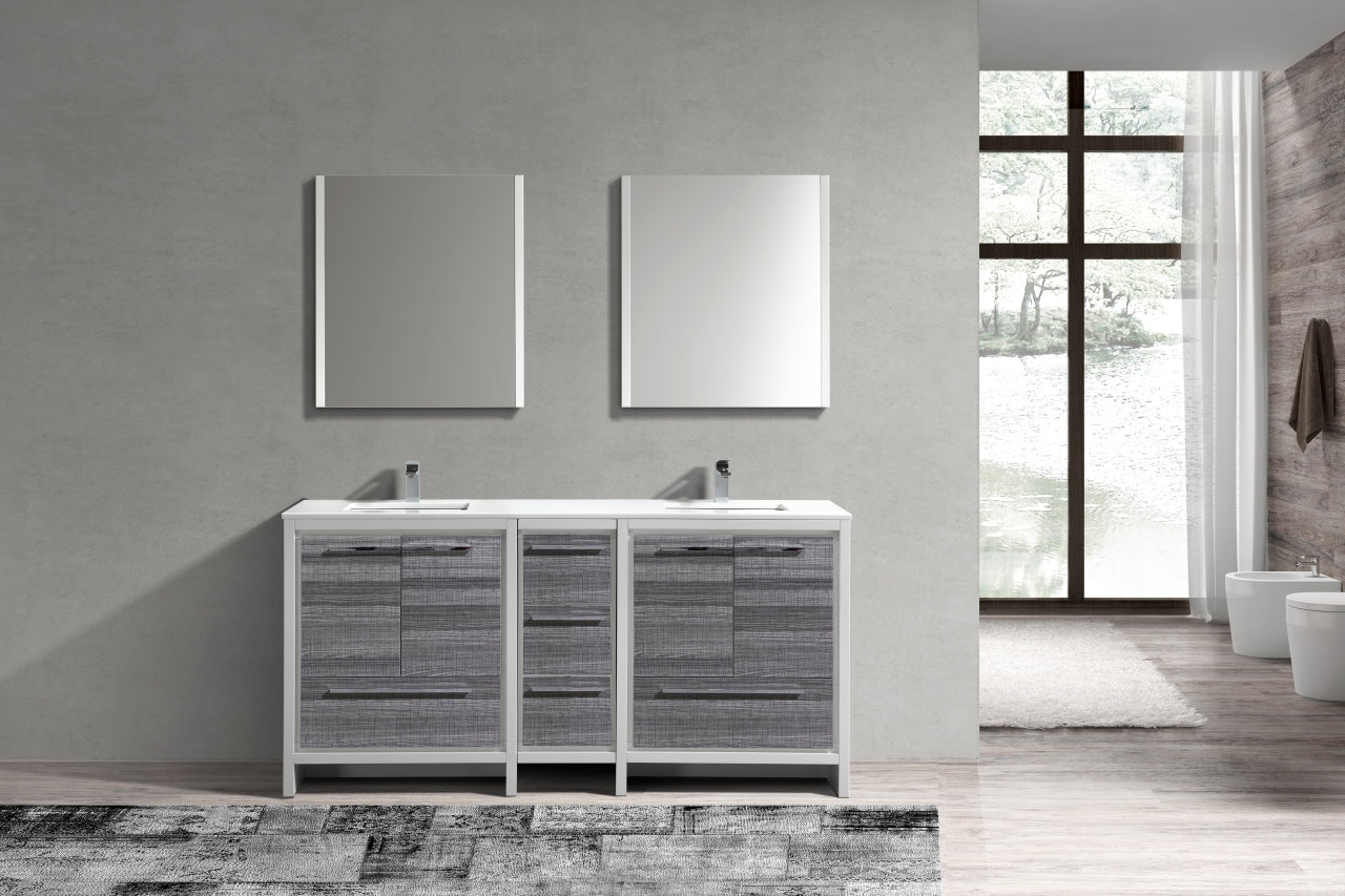 72'' KubeBath Dolce Double Sink Gloss Ash Grey Modern Bathroom Vanity with White Quartz Counter-Top