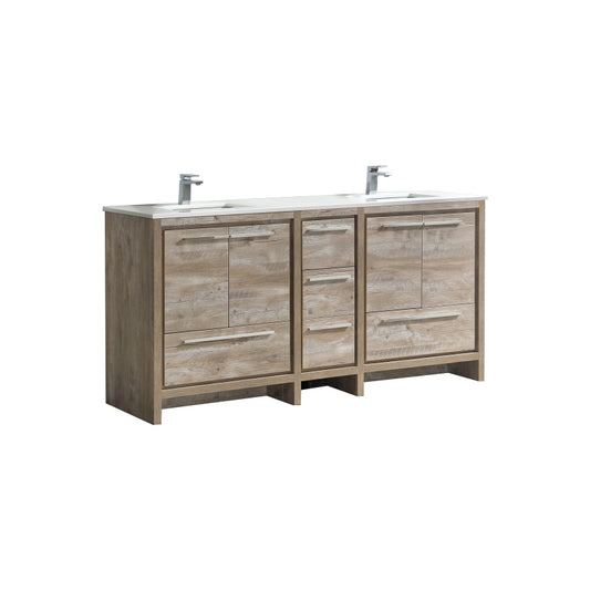 72'' KubeBath Dolce Double Sink Nature Wood Modern Bathroom Vanity with White Quartz Counter-Top