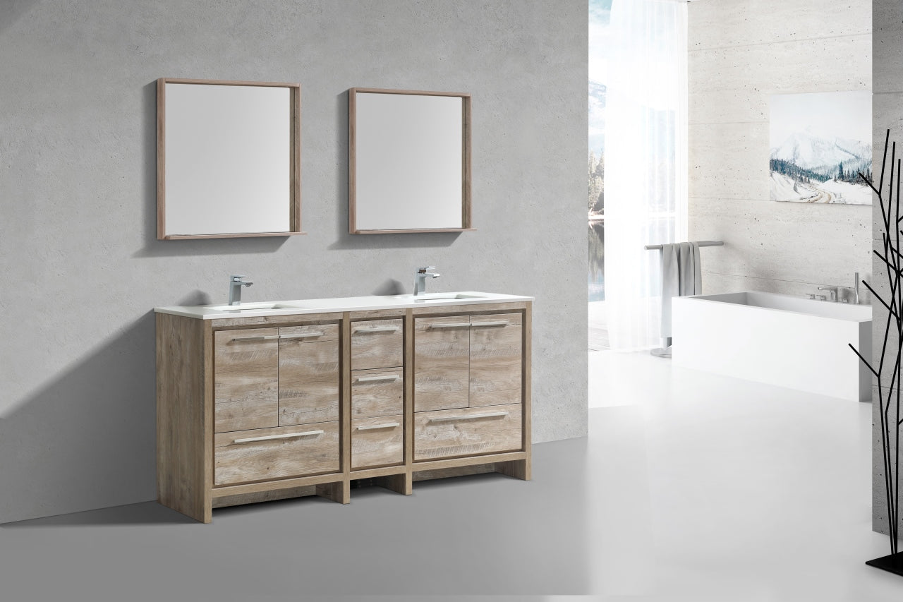 72'' KubeBath Dolce Double Sink Nature Wood Modern Bathroom Vanity with White Quartz Counter-Top
