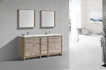 72'' KubeBath Dolce Double Sink Nature Wood Modern Bathroom Vanity with White Quartz Counter-Top