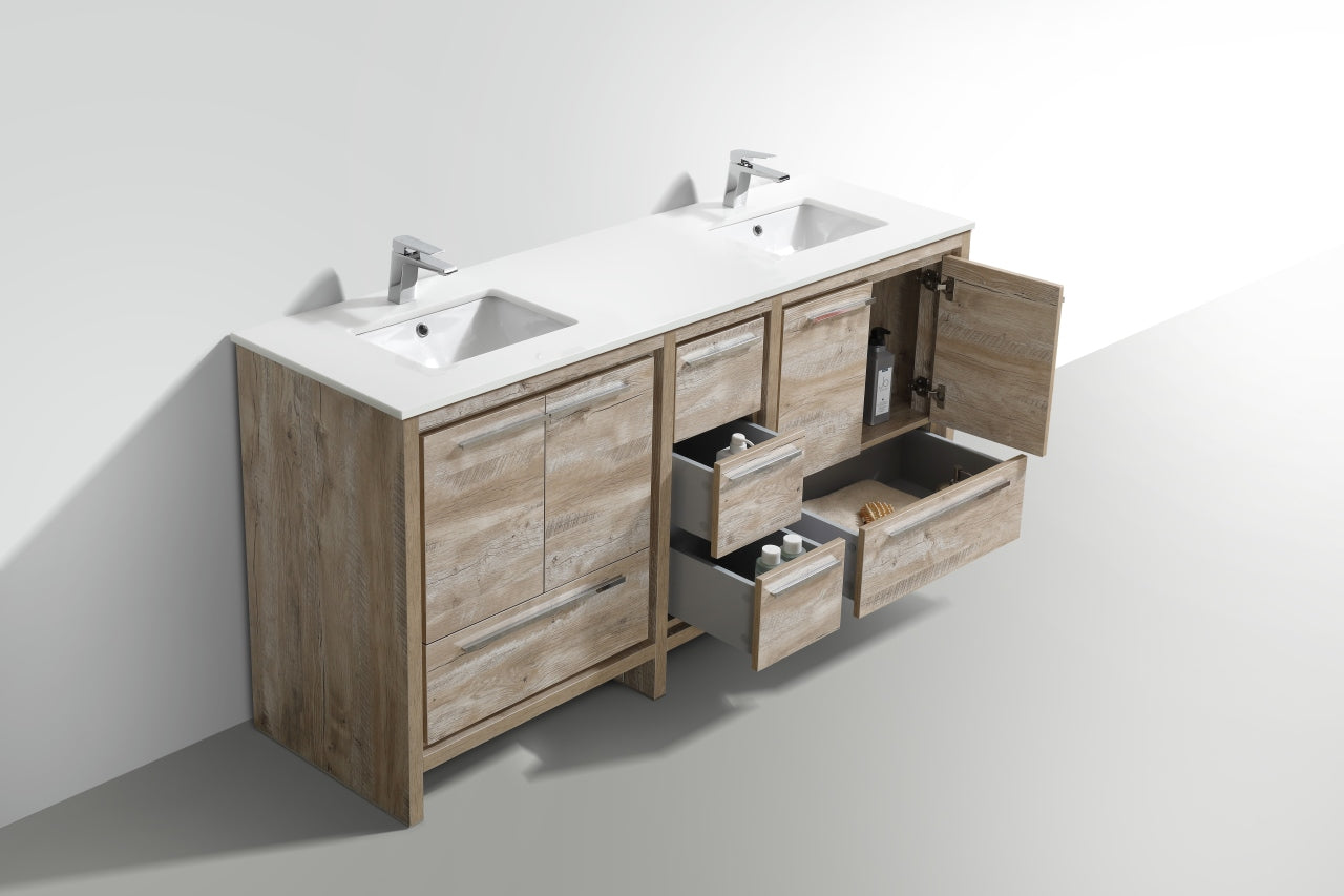 72'' KubeBath Dolce Double Sink Nature Wood Modern Bathroom Vanity with White Quartz Counter-Top