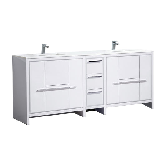 83'' KubeBath Dolce Double Sink High Gloss White Modern Bathroom Vanity with White Quartz Counter-Top