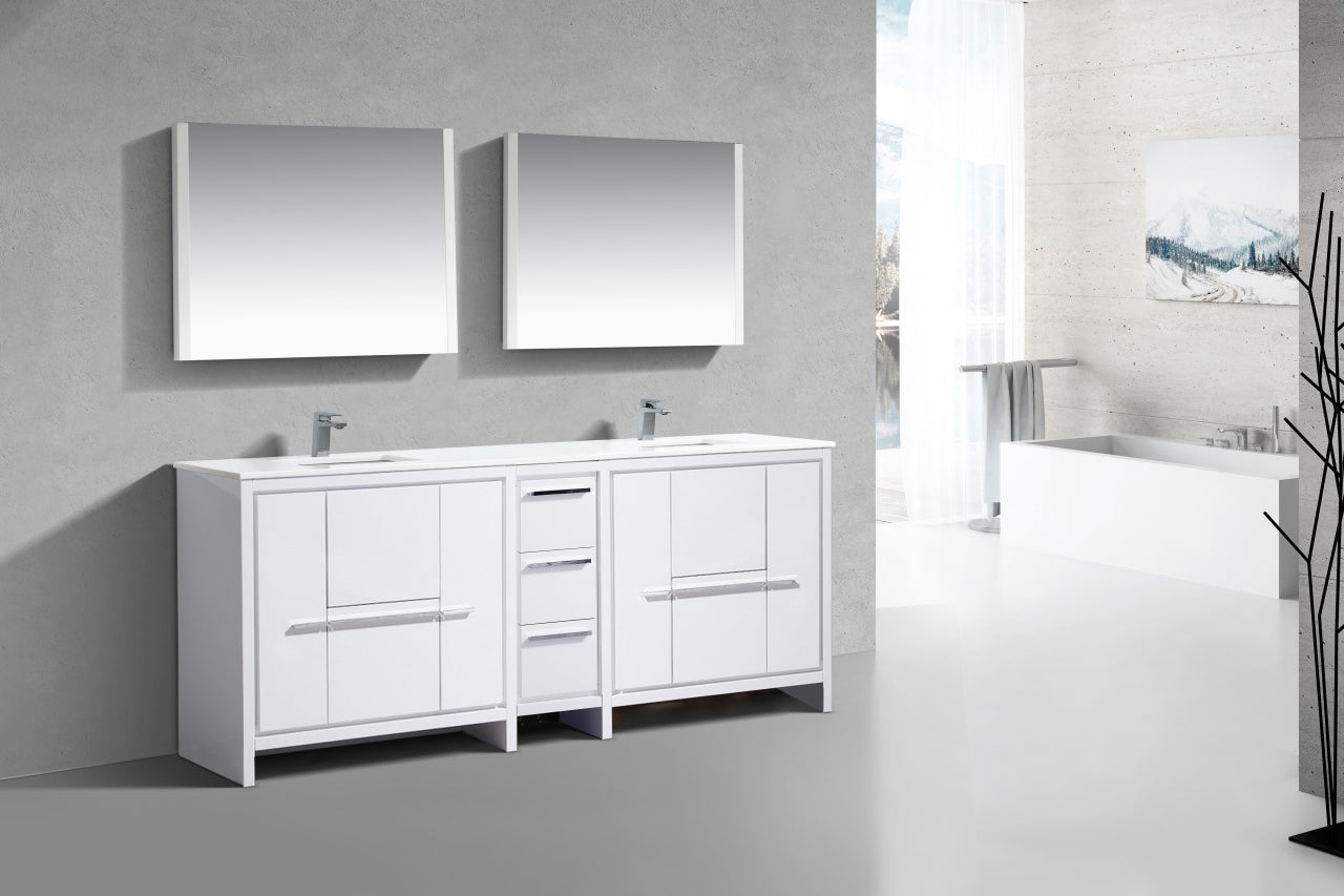 83'' KubeBath Dolce Double Sink High Gloss White Modern Bathroom Vanity with White Quartz Counter-Top
