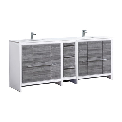 83'' KubeBath Dolce Double Sink High Gloss Ash Grey Modern Bathroom Vanity with White Quartz Counter-Top