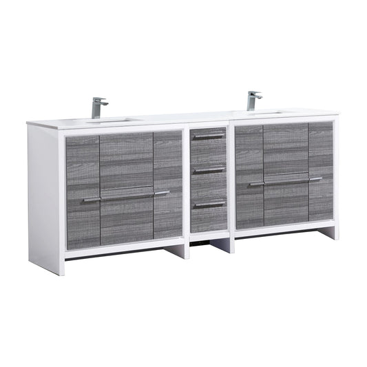 83'' KubeBath Dolce Double Sink High Gloss Ash Grey Modern Bathroom Vanity with White Quartz Counter-Top