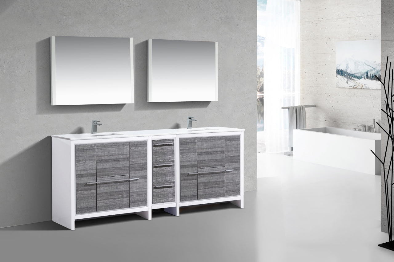 83'' KubeBath Dolce Double Sink High Gloss Ash Grey Modern Bathroom Vanity with White Quartz Counter-Top