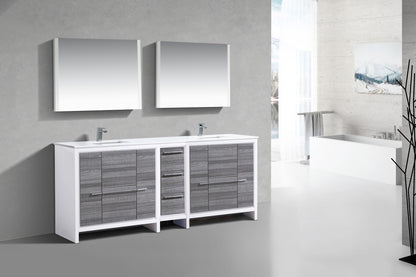 83'' KubeBath Dolce Double Sink High Gloss Ash Grey Modern Bathroom Vanity with White Quartz Counter-Top