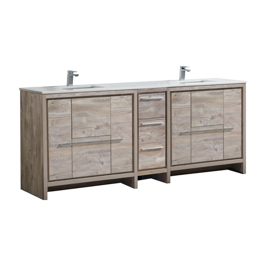 83'' KubeBath Dolce Double Sink Nature Wood Modern Bathroom Vanity with White Quartz Counter-Top
