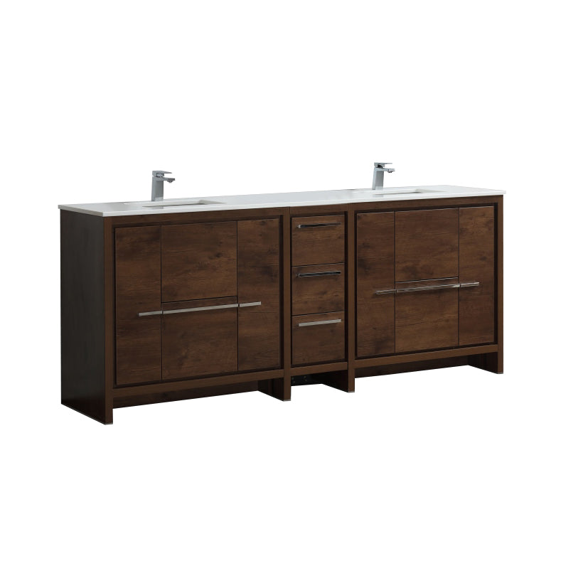 83'' KubeBath Dolce Double Sink Rose Wood Modern Bathroom Vanity with White Quartz Counter-Top