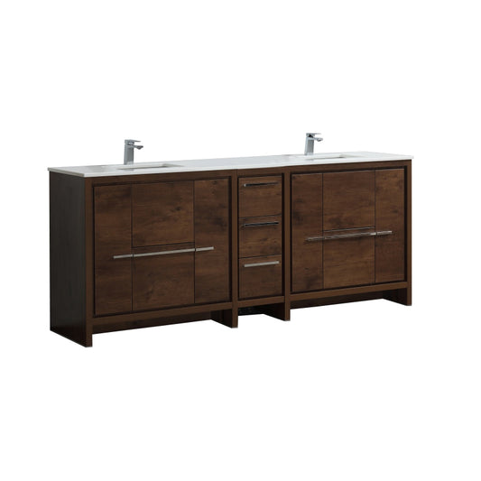 83'' KubeBath Dolce Double Sink Rose Wood Modern Bathroom Vanity with White Quartz Counter-Top