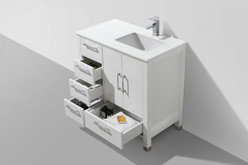 Anziano 36" Gloss White Vanity w/ Quartz Countertop