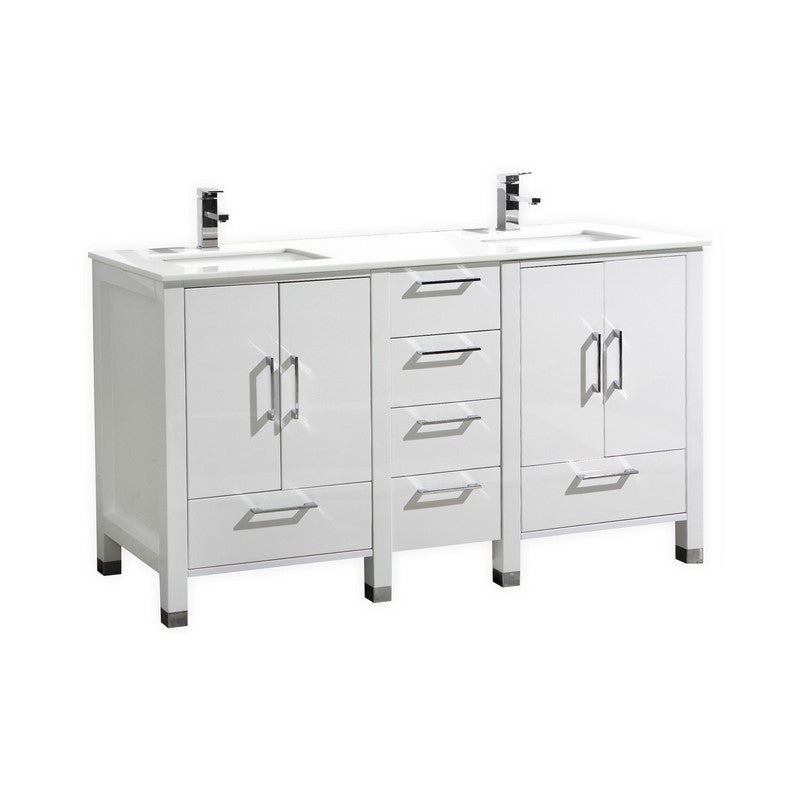 Anziano 60" High Gloss White Double Sink Vanity w/ Quartz Countertop