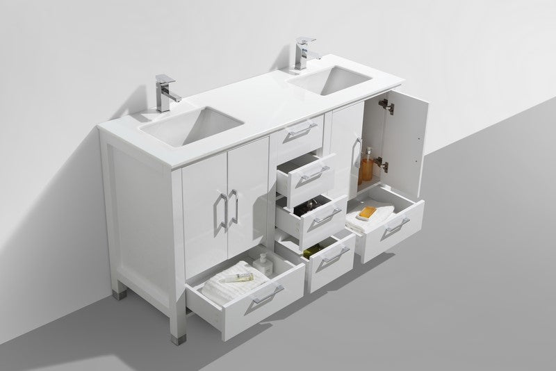 Anziano 60" High Gloss White Double Sink Vanity w/ Quartz Countertop