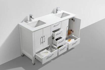 Anziano 60" High Gloss White Double Sink Vanity w/ Quartz Countertop