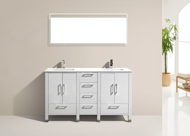 Anziano 60" High Gloss White Double Sink Vanity w/ Quartz Countertop