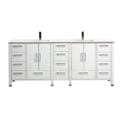 Anziano 84" Gloss White Double Sink Vanity w/ Quartz Countertop