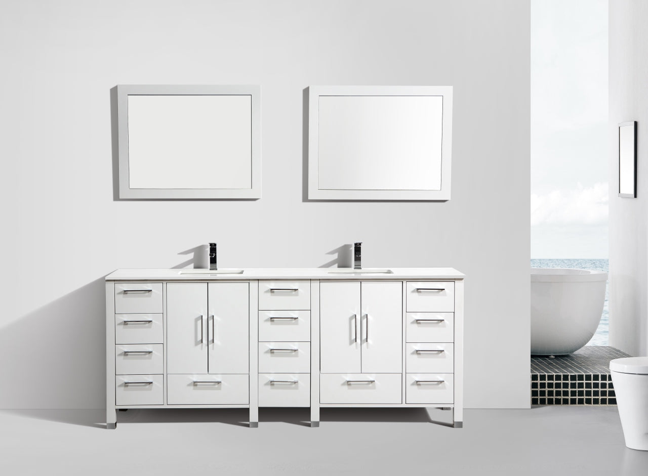 Anziano 84" Gloss White Double Sink Vanity w/ Quartz Countertop
