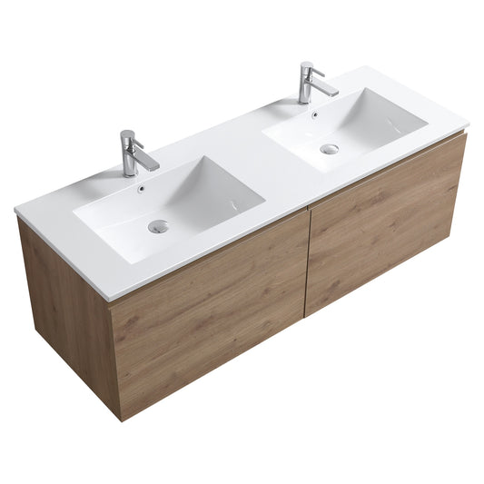 60'' Balli Double Sink Modern Wall Mount Bathroom Vanity White Oak