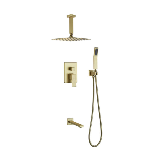 Aqua Piazza Brushed Gold Brass Shower Set w/ 8" Ceiling Mount Square Rain Shower, Handheld and Tub Filler