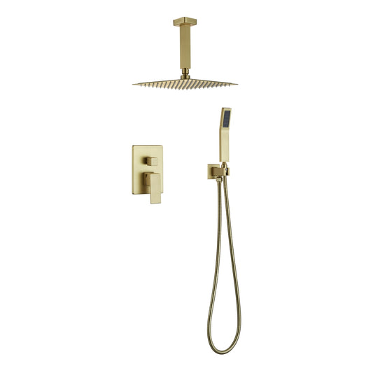 Aqua Piazza Brushed Gold Shower Set w/ 12" Ceiling Mount Square Rain Shower and Handheld