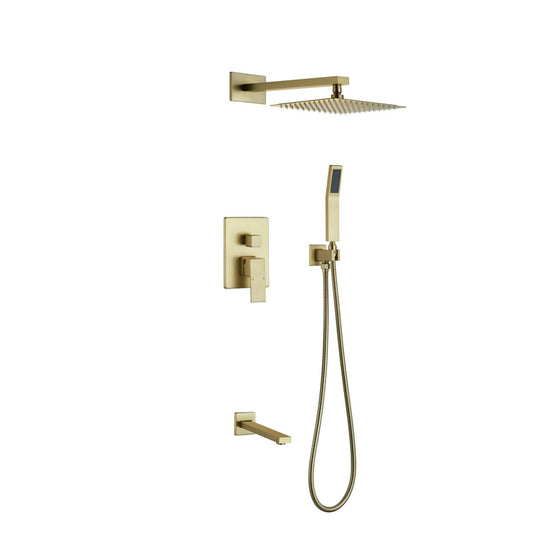 Aqua Piazza Brushed Gold Brass Shower Set w/ 8" Square Rain Shower,  Tub Filler and Handheld
