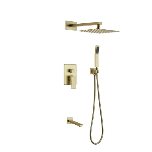 Aqua Piazza Brushed Gold Shower Set w/ 12" Square Rain Shower,  Handheld and Tub Filler
