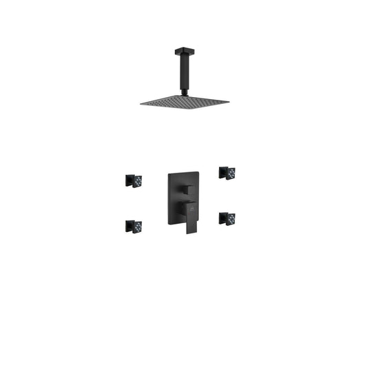 Aqua Piazza Black Shower Set w/ 8" Ceiling Mount Square Rain Shower and 4 Body Jets