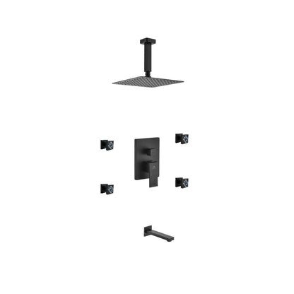 Aqua Piazza Black Shower Set w/ 8" Ceiling Mount Square Rain Shower, Tub Filler and 4 Body Jets