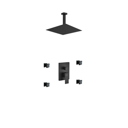 Aqua Piazza Black Shower Set w/ 12" Ceiling Mount Square Rain Shower and 4 Body Jets
