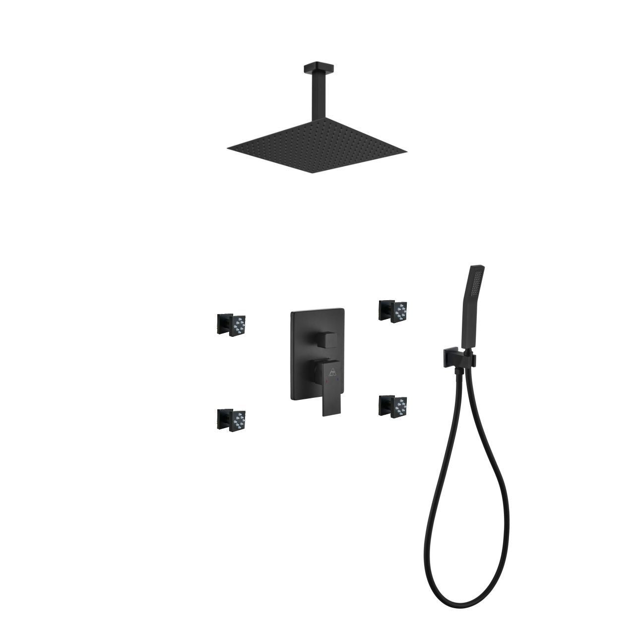 Aqua Piazza Black Shower Set w/ 12" Ceiling Mount Square Rain Shower, 4 Body Jets and Handheld