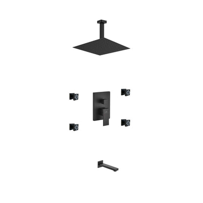 Aqua Piazza Black Shower Set w/ 12" Ceiling Mount Square Rain Shower, Tub Filler and 4 Body Jets