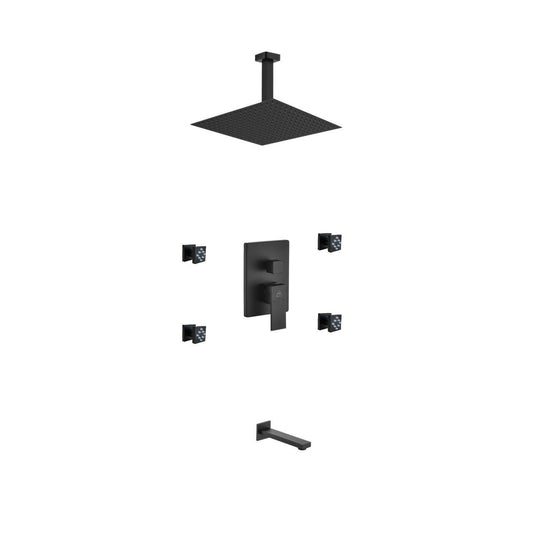 Aqua Piazza Black Shower Set w/ 12" Ceiling Mount Square Rain Shower, Tub Filler and 4 Body Jets