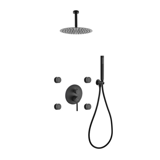 Aqua RONDO Black Brass Shower Set w/ 8" Round Rain Shower,  4 Body Jets and Handheld