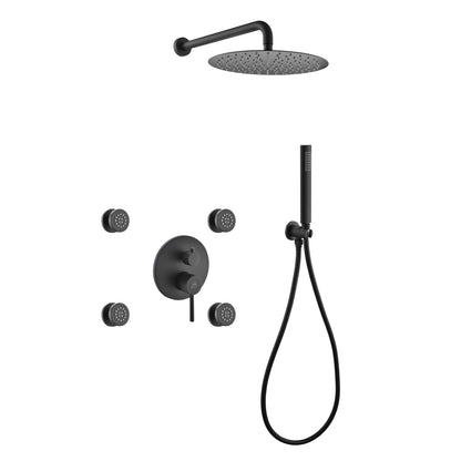 Aqua RONDO Black Brass Shower Set w/ 12" Round Rain Shower,  4 Body Jets and Handheld