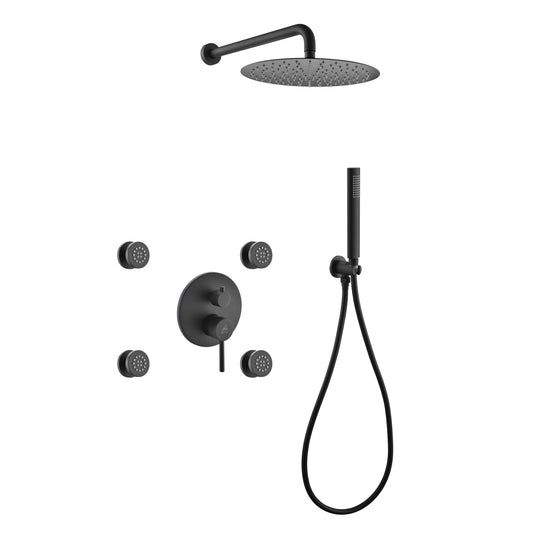 Aqua RONDO Black Brass Shower Set w/ 12" Round Rain Shower,  4 Body Jets and Handheld