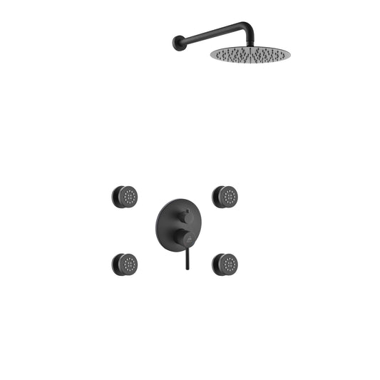 Aqua RONDO Black Brass Shower Set w/ 8" Round Rain Shower and 4 Body Jets