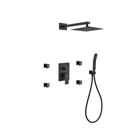 Aqua Piazza Black Brass Shower Set w/ 8" Square Rain Shower,  4 Body Jets and Handheld