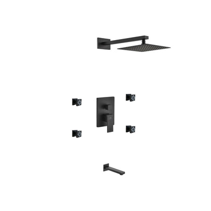 Aqua Piazza Black Shower Set w/ 8" Square Rain Shower,  4 Body Jets and Tub Filler