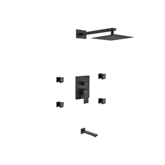 Aqua Piazza Black Shower Set w/ 8" Square Rain Shower,  4 Body Jets and Tub Filler