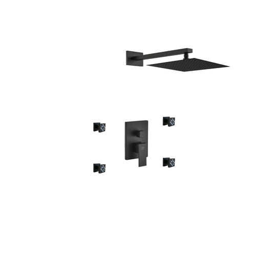 Aqua Piazza Black Shower Set w/ 12" Square Rain Shower and 4 Body Jets