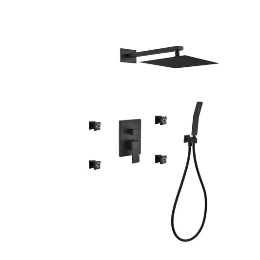 Aqua Piazza Black Shower Set w/ 12" Square Rain Shower,  Handheld and 4 Body Jets