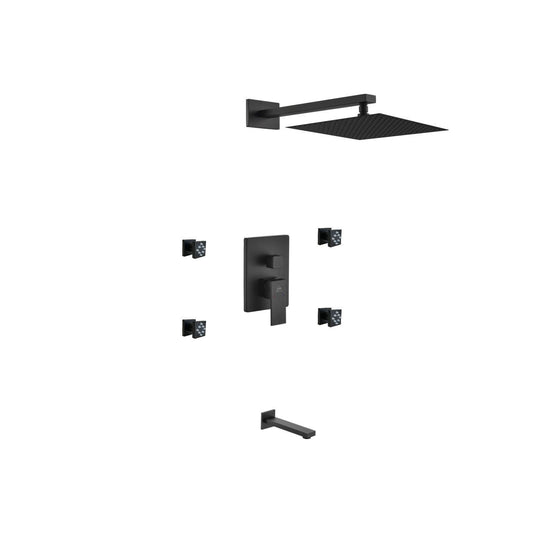 Aqua Piazza Black Shower Set w/ 12" Square Rain Shower, Tub Filler and 4 Body Jets
