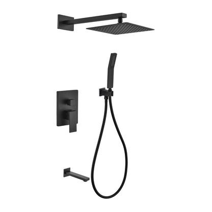 Aqua Piazza Black Shower Set w/ 12" Square Rain Shower,  Tub Filler and Handheld