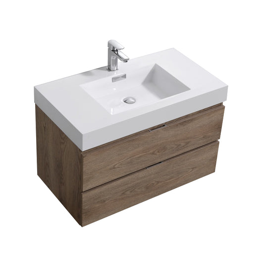 Bliss 36" Butternut Wood Wall Mount Modern Bathroom Vanity