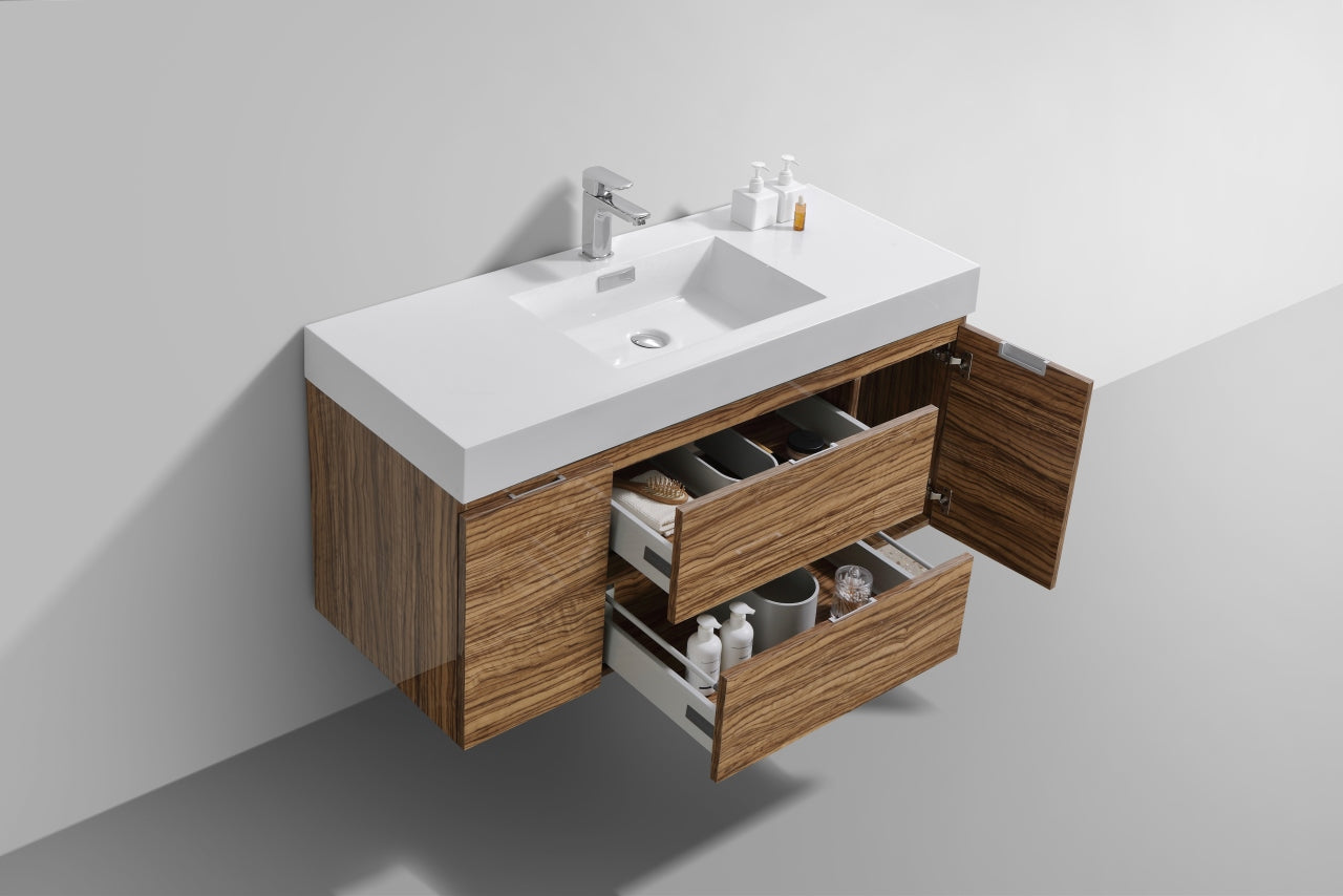 Bliss 48" High Glossy Chestnut Wood Wall Mount  Single Sink Modern Bathroom Vanity