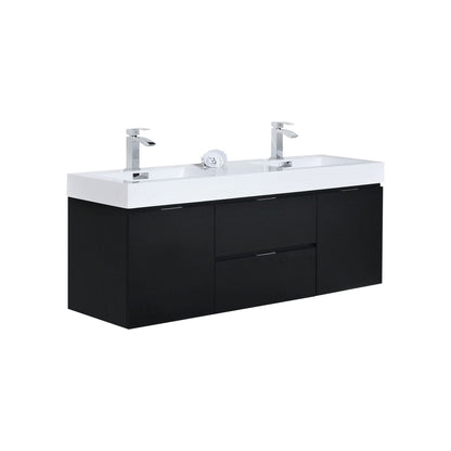 Bliss 60" Wood Black Wall Mount  Double Sink Modern Bathroom Vanity